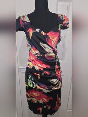 JS Collections Black Midi Dress with Pink, Green & Yellow Floral Print